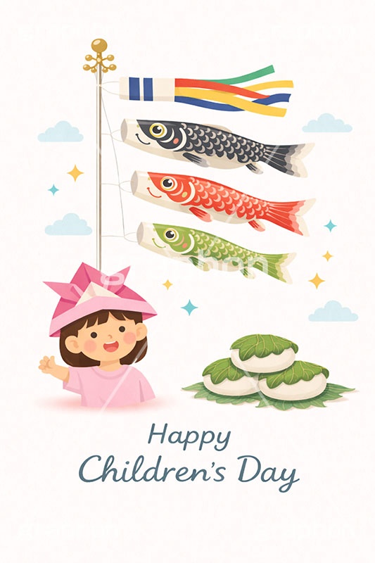 こどもの日イラスト,5月5日,鯉のぼり,かしわもち,こいのぼり,柏餅,かぶと,かしわ餅,兜,端午,節句,供物,こどもの日,子供の日,こども,子供,女の子,人物,和,文化,風習,行事,かわいい,可愛い,カワイイ,イラスト,illustration,event,kids,japan,AI生成素材