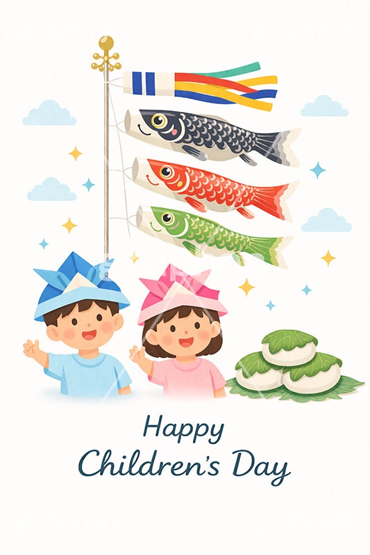 こどもの日イラスト,女の子,鯉のぼり,5月5日,かしわもち,こいのぼり,柏餅,かぶと,かしわ餅,兜,端午,節句,供物,こどもの日,子供の日,こども,子供,男の子,人物,和,文化,風習,行事,かわいい,可愛い,カワイイ,イラスト,illustration,event,kids,japan,AI生成素材