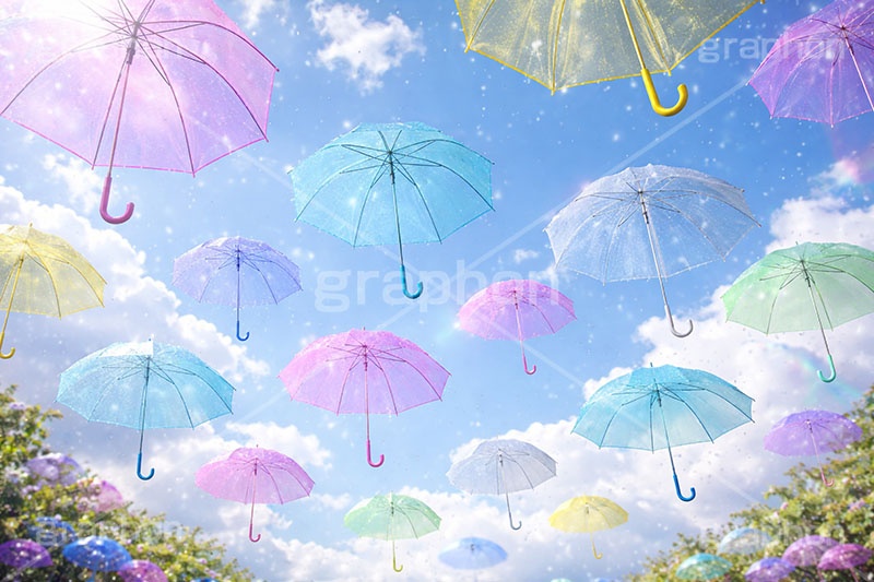 カラフルな傘,天気,雨,梅雨,傘,ビニール傘,使い捨て,つゆ,雨粒,6月,吊る,浮く,飛ぶ,舞う,晴れ,weather,rain,june,umbrella,AI生成素材