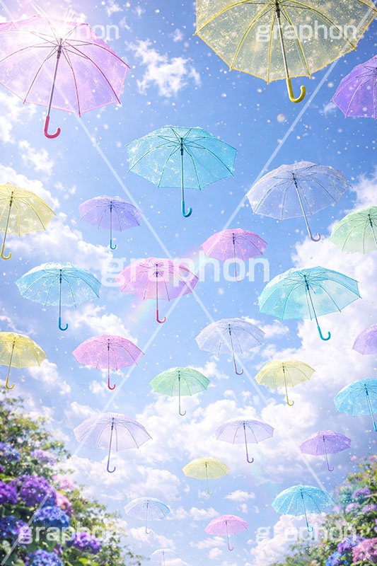 カラフルな傘,天気,雨,梅雨,傘,ビニール傘,使い捨て,つゆ,雨粒,6月,吊る,浮く,飛ぶ,舞う,晴れ,weather,rain,june,umbrella,AI生成素材