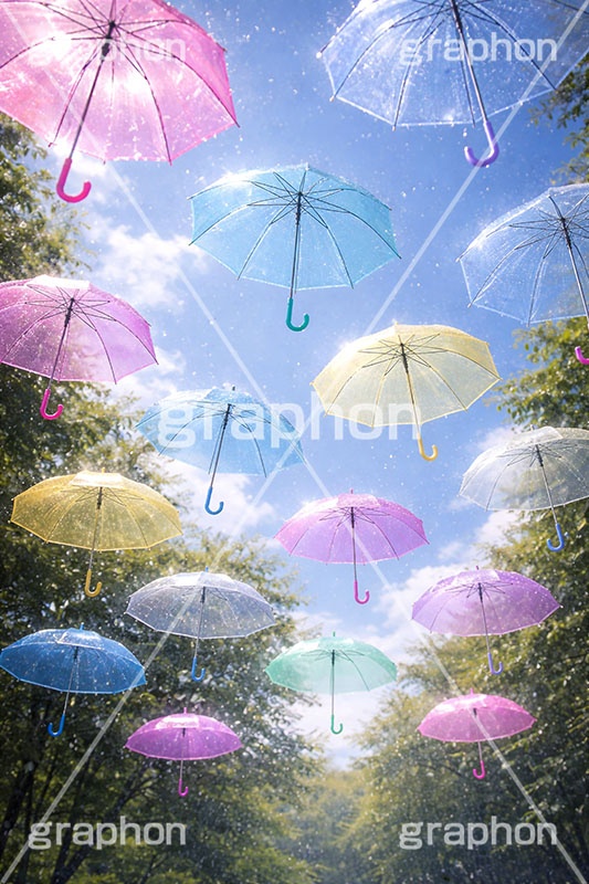 カラフルな傘,梅雨,晴れ,天気,雨,傘,ビニール傘,使い捨て,つゆ,雨粒,6月,吊る,浮く,飛ぶ,舞う,weather,rain,june,umbrella,AI生成素材