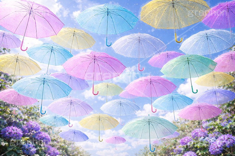 カラフルな傘,梅雨,晴れ,天気,雨,傘,ビニール傘,使い捨て,つゆ,雨粒,6月,吊る,浮く,飛ぶ,舞う,weather,rain,june,umbrella,AI生成素材