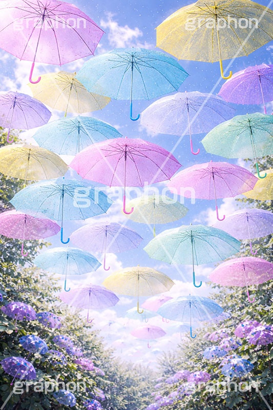 カラフルな傘,ビニール傘,天気,雨,梅雨,傘,使い捨て,つゆ,雨粒,6月,吊る,浮く,飛ぶ,舞う,晴れ,weather,rain,june,umbrella,AI生成素材