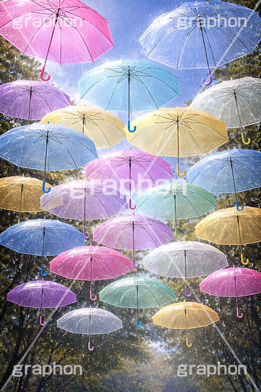 カラフルな傘,ビニール傘,天気,雨,梅雨,傘,使い捨て,つゆ,雨粒,6月,吊る,浮く,飛ぶ,舞う,晴れ,weather,rain,june,umbrella,AI生成素材
