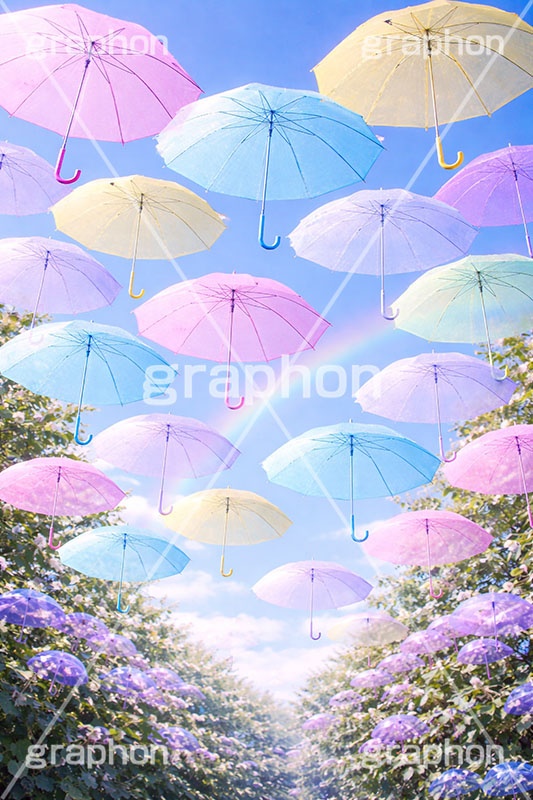 カラフルな傘,晴れ,天気,雨,梅雨,傘,ビニール傘,使い捨て,つゆ,雨粒,6月,吊る,浮く,飛ぶ,舞う,weather,rain,june,umbrella,AI生成素材