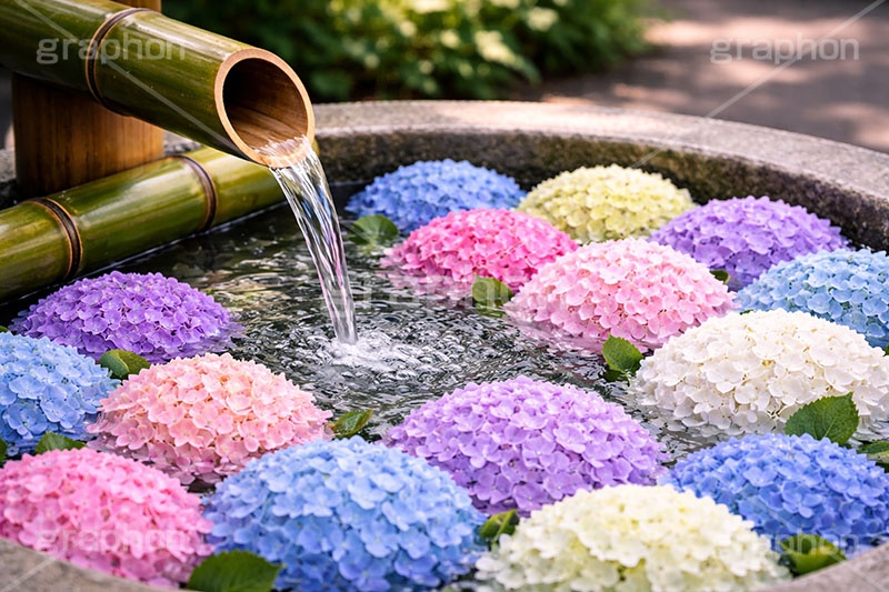 梅雨の花手水,お参り,手水舎,花手水,梅雨,紫陽花,つゆ,あじさい,アジサイ,ホンアジサイ,季語,6月,寺,お寺,寺院,神社,参拝,お水舎,手洗い場,手洗い,おみずや,手水,フォトジェニック,花,お花,フラワー,ちょうずや,ちょうずしゃ,てみずや,てみずしゃ,作法,スポット,japan,flower,june,AI生成素材