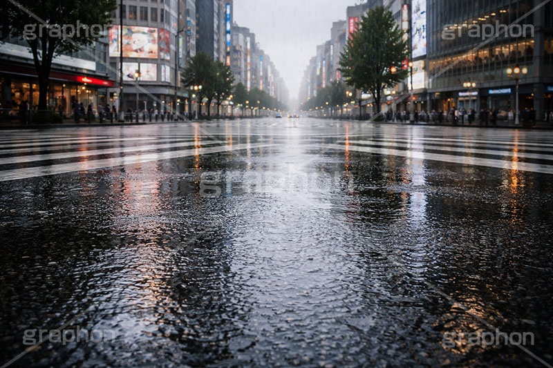 雨の日の交差点,道路,梅雨,都会,無人,交差点,横断歩道,雨の日,雨,アスファルト,水たまり,水溜まり,rain,asphalt,AI生成素材