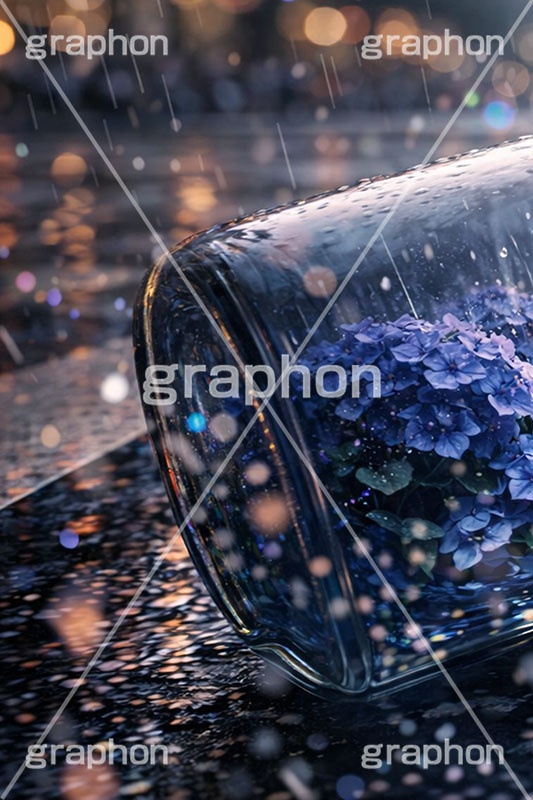 ビンの中の梅雨,アジサイ,ファンタジー,水滴,雨の日の交差点,雨の日,あじさい,紫陽花,ビン,びん,瓶,空き瓶,空きびん,ごみ,ゴミ,不思議,雨,梅雨,都会,交差点,横断歩道,道路,夜,夜景,アスファルト,水たまり,水溜まり,umbrella,rain,asphalt,fantasy,flower,AI生成素材