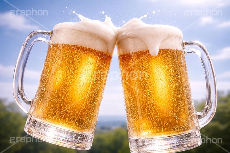 ビールで乾杯,生ビール,夏,青空,ビール,ビア,ビールジョッキ,ジョッキ,生中,大麦,麦芽,泡,飲み,家呑み,呑み,一杯,注がれた,冷え,飲む,飲み物,飲料,飲み会,ドリンク,お酒,酒,アルコール,冷,グルメ,カンパイ,乾杯,垂れ,あふれる泡,beer,summer,AI生成素材