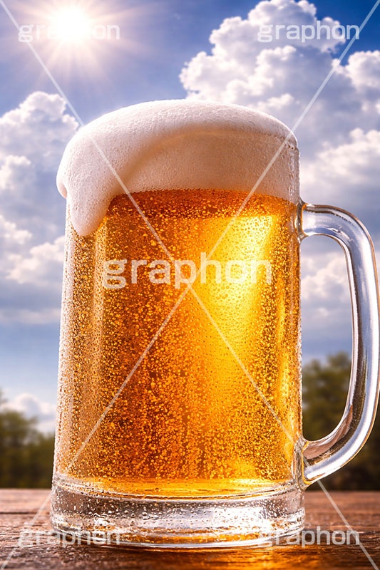 生ビール,夏,日差し,入道雲,ジョッキ,青空,逆光,ビール,ビア,ビールジョッキ,生中,大麦,麦芽,泡,飲み,家呑み,呑み,一杯,注がれた,冷え,飲む,飲み物,飲料,飲み会,ドリンク,お酒,酒,アルコール,冷,グルメ,乾杯,カンパイ,垂れ,あふれる泡,beer,summer,AI生成素材