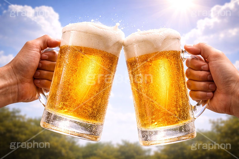 ビールで乾杯,ビール,生中,ジョッキ,生ビール,夏,青空,入道雲,逆光,日差し,ビア,ビールジョッキ,大麦,麦芽,泡,飲み,家呑み,呑み,一杯,注がれた,冷え,飲む,飲み物,飲料,飲み会,ドリンク,お酒,酒,アルコール,冷,グルメ,カンパイ,乾杯,垂れ,あふれる泡,beer,summer,AI生成素材