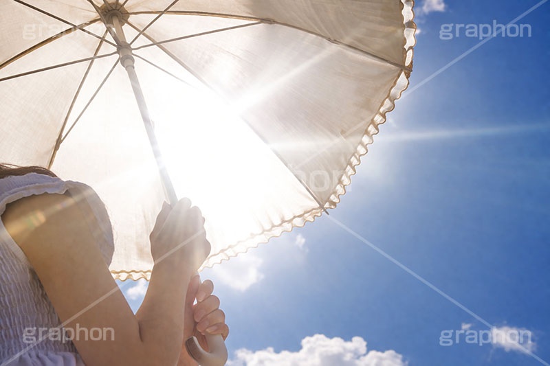 紫外線,日焼け,日傘,傘,日焼け止め,日焼け対策,日差し,UV,日光,太陽,対策,人物,女性,モデル,夏,猛暑,暑い,残暑,サマー,summer,umbrella,AI生成素材