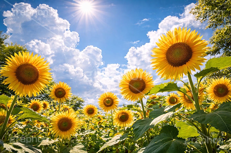 真夏のひまわり畑,日差し,向日葵と青空,夏,ひまわり畑,青空,夏空,逆光,入道雲,ヒマワリ畑,ひまわり,ヒマワリ,向日葵,花,お花,フラワー,はな,花畑,キレイ,きれい,綺麗,満開,咲,咲いた,さいた,黄色,日回り,ニチリンソウ,日輪草,ヒグルマ,日車,ヒュウガアオイ,夏の季語,季語,サマー,summer,sunflower,flower,フルサイズ撮影