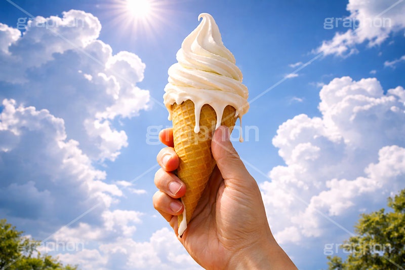 溶けたソフトクリーム,夏,アイス,暑い,アイスクリーム,ソフトクリーム,クリーム,コーン,ワッフル,ミルク,溶け,垂れ,清凉,真夏,青空,入道雲,涼,冷,スイーツ,菓子,デザート,おやつ,お菓子,冷菓子,甘い,sweet,summer,AI生成素材