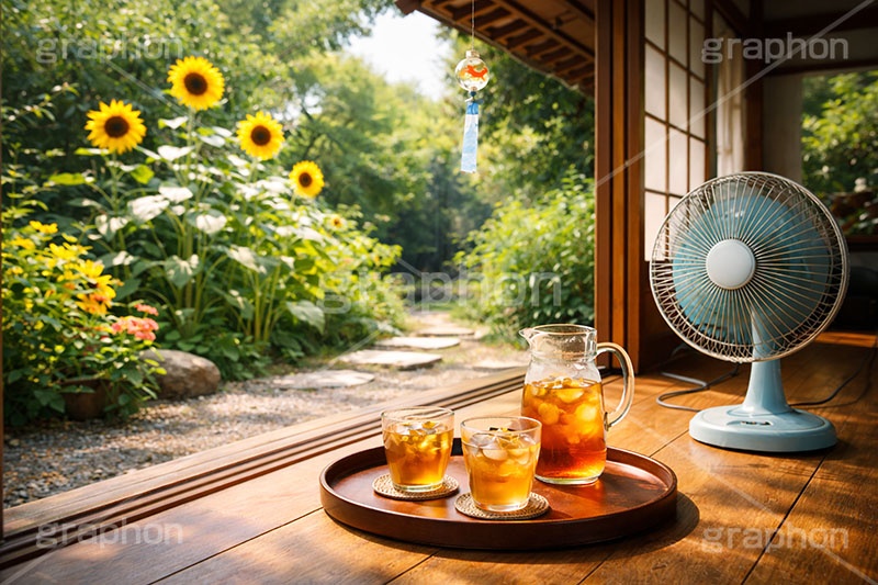 縁側で麦茶,清涼,風物詩,麦茶,縁側,田舎,実家,夏休み,ヒマワリ,ひまわり,向日葵,ミネラル,ボトル,グラス,お盆,食器,夏,サマー,飲み物,ドリンク,drink,summer,drink,AI生成素材