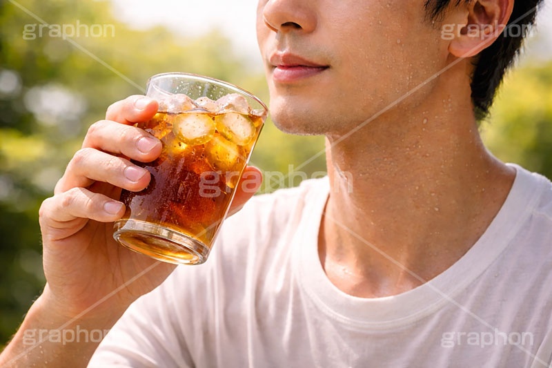 暑い日は麦茶,清涼,風物詩,麦茶,暑い,猛暑,汗,ミネラル,グラス,夏,サマー,飲み物,ドリンク,男性,青年,人物,drink,summer,drink,AI生成素材