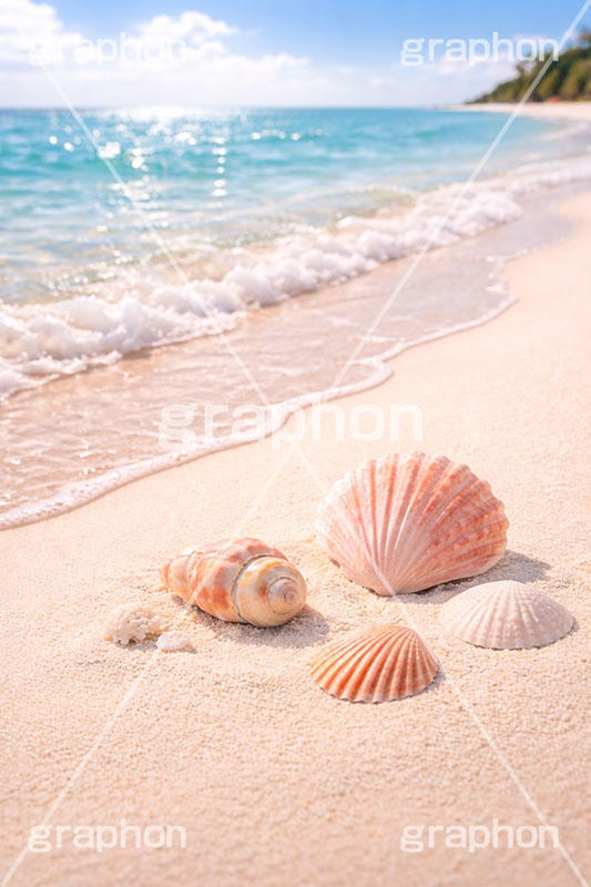 砂浜と貝殻,波打ち際,風物詩,砂浜,貝殻,海,貝,夏休み,波,自然,夏,ポエム,sea,summer,AI生成素材