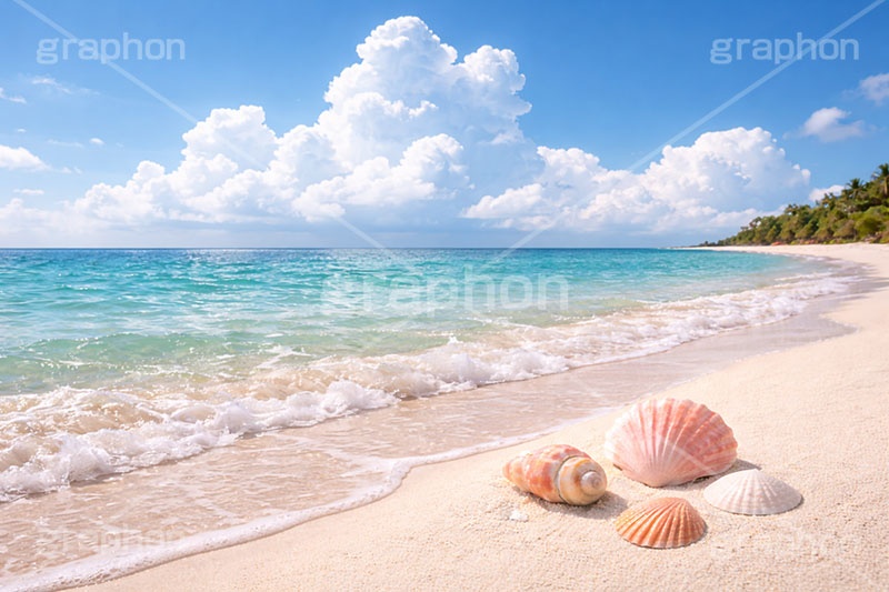 砂浜と貝殻,夏休み,波,砂浜,貝殻,海,貝,波打ち際,風物詩,自然,夏,ポエム,sea,summer,AI生成素材