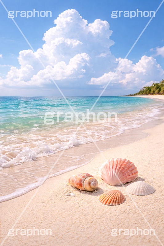 砂浜と貝殻,波打ち際,入道雲,砂浜,貝殻,海,貝,風物詩,夏休み,波,自然,夏,ポエム,sea,summer,AI生成素材