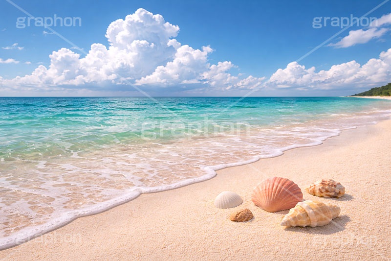 砂浜と貝殻,波打ち際,入道雲,砂浜,貝殻,海,貝,風物詩,夏休み,波,自然,夏,ポエム,sea,summer,AI生成素材