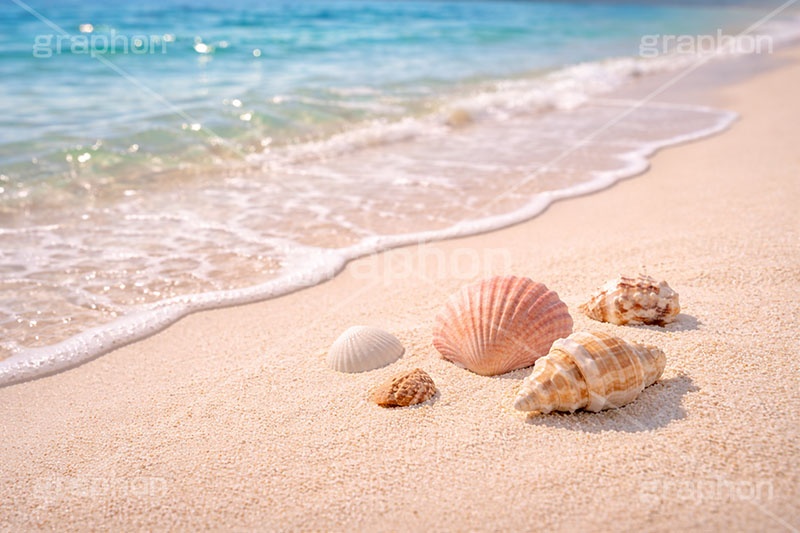 砂浜と貝殻,自然,夏,砂浜,貝殻,海,貝,波打ち際,風物詩,夏休み,波,ポエム,sea,summer,AI生成素材