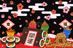 開運,節分,鬼,おに,福,季語,豆まき,イラスト,イベント,雑節,大寒,邪気除け,厄除け,和,和風,風習,行事,文化,キャラクター,梅,赤鬼,青鬼,緑鬼,黄鬼,恵方巻,太巻き,大豆,マメ,まめ,豆,花びら,花弁,巻き寿司,巻きずし,巻寿司,event,illustration,japan,character