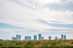 多摩川,川原,河川敷,一級河川,玉川,河川,雲,ビル,高層ビル,マンション,高層マンション,堤防,building