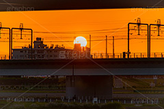 夕焼け線路,多摩川の夕暮れ,夕焼け,夕暮れ,夕方,夕日,日の入り,オレンジ,染,日没,線路,線路沿い,鉄道,電車/鉄道,電線,架線,架線柱,多摩川,東横線,目黒線,哀愁,ノスタルジック,太陽,空/天気,空/雲,逆光,sky,train,sunset,フルサイズ撮影