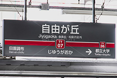 自由が丘駅,自由が丘,東横線,目黒区,駅,ホーム,電車,鉄道,標示,駅名,看板,フルサイズ撮影