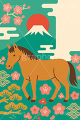 午年シンプルイラスト,和柄,梅,松,雲柄,富士山,初日の出,日の出,馬イラスト,午,馬,うま,ウマ,午年,干支,正月,お正月,年賀状,2026午年,午年年賀状,新年,ニューイヤー,アニバーサリー,イラスト,illustration,japan,horse