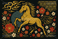 午年スカジャン風イラスト,スカジャン,刺繍,派手,和柄,花柄,馬イラスト,午,馬,うま,ウマ,午年,干支,正月,お正月,年賀状,2026午年,午年年賀状,新年,かっこいい,クール,シルエット,ニューイヤー,アニバーサリー,イラスト,illustration,japan,horse,silhouette,cool