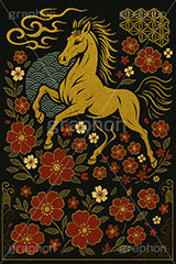午年スカジャン風イラスト,スカジャン,刺繍,派手,和柄,花柄,馬イラスト,午,馬,うま,ウマ,午年,干支,正月,お正月,年賀状,2026午年,午年年賀状,新年,かっこいい,クール,シルエット,ニューイヤー,アニバーサリー,イラスト,illustration,japan,horse,silhouette,cool