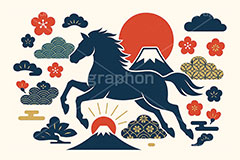 午年シンプルモダン,午年シンプルイラスト,シルエット,モダン,和柄,松,梅,馬イラスト,午,馬,うま,ウマ,午年,干支,正月,お正月,年賀状,日の出,初日の出,富士山,2026午年,午年年賀状,新年,ニューイヤー,アニバーサリー,イラスト,おしゃれ,お洒落,オシャレ,illustration,japan,horse,silhouette