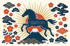 午年シンプルモダン,午年シンプルイラスト,シルエット,モダン,和柄,松,梅,馬イラスト,午,馬,うま,ウマ,午年,干支,正月,お正月,年賀状,日の出,初日の出,富士山,2026午年,午年年賀状,新年,ニューイヤー,アニバーサリー,イラスト,おしゃれ,お洒落,オシャレ,illustration,japan,horse,silhouette