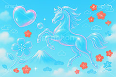 ガラスの馬,ガラス,ガラス細工,馬イラスト,午,馬,うま,ウマ,午年,干支,正月,お正月,年賀状,日の出,初日の出,富士山,梅,青空,2026午年,午年年賀状,新年,爽やか,ニューイヤー,アニバーサリー,イラスト,派手,ハート,ラブ,illustration,japan,horse,glass,sky,heart