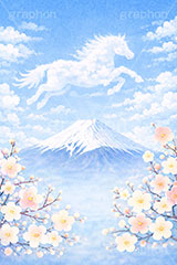 馬の雲,富士山,雲,青空,梅,梅の花,馬イラスト,午,馬,うま,ウマ,午年,干支,正月,お正月,年賀状,2026午年,午年年賀状,新年,ニューイヤー,アニバーサリー,イラスト,illustration,japan,horse
