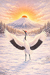 鶴のイラスト,富士山,雪,雪景色,雪化粧,初日の出,日の出,鶴,つる,ツル,野鳥,鳥,めでたい,正月,お正月,年賀状,新年,ニューイヤー,アニバーサリー,イラスト,illustration,japan,crane