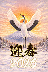 鶴のイラスト,2026,迎春,富士山,雪,雪景色,雪化粧,初日の出,日の出,鶴,つる,ツル,野鳥,鳥,めでたい,正月,お正月,年賀状,新年,ニューイヤー,アニバーサリー,イラスト,illustration,japan,crane