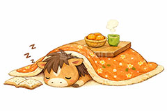 かわいい馬イラスト,馬イラスト,午,馬,うま,ウマ,こたつ,うたた寝,寝正月,寝る,みかん,かわいい,カワイイ,可愛い,キャラクター,午年,干支,正月,お正月,年賀状,2026午年,午年年賀状,新年,ニューイヤー,アニバーサリー,イラスト,illustration,japan,horse,cute,character