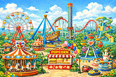 遊園地の背景,遊園地,テーマパーク,アトラクション,ジェットコースター,メリーゴーランド,コーヒーカップ,フリーフォール,バイキング,ウォータースライダー,観覧車,売店,ポップコーン,背景,amusement,themepark