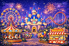 遊園地の背景,遊園地,テーマパーク,アトラクション,ジェットコースター,メリーゴーランド,観覧車,売店,夜景,花火,イルミネーション,ポップコーン,お城,キャッスル,背景,amusement,themepark,castle,illumination