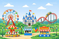 遊園地の背景,遊園地,テーマパーク,アトラクション,ジェットコースター,メリーゴーランド,観覧車,売店,ポップコーン,お城,キャッスル,チケット,背景,amusement,themepark,castle,ticket