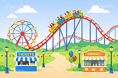 遊園地の背景,遊園地,テーマパーク,アトラクション,ジェットコースター,観覧車,売店,ポップコーン,チケット,背景,amusement,themepark,ticket