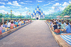 パレード待ち,パレード,待ち,地蔵,待ち時間,混雑,レジャーシート,遊園地の背景,遊園地,テーマパーク,アトラクション,ジェットコースター,観覧車,お城,キャッスル,背景,amusement,themepark,castle,parade