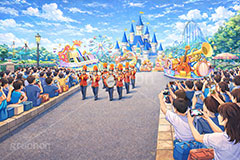 パレード,パレード待ち,待ち,地蔵,待ち時間,混雑,スマホ,レジャーシート,ブラスバンド,遊園地の背景,遊園地,テーマパーク,アトラクション,ジェットコースター,観覧車,お城,キャッスル,背景,amusement,themepark,castle,parade