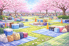 場所取り,争奪戦,混雑,レジャーシート,荷物,花見,お花見,会場,公園,満開,宴会,桜,さくら,サクラ,ブロッサム,春,花,花びら,花弁,イラスト,blossom,spring,flower
