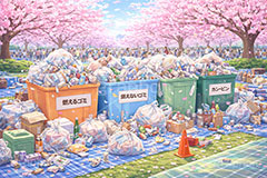 ゴミの山,ごみ,ゴミ,分別,リサイクル,缶,空き缶,ビン,びん,瓶,空き瓶,ペットボトル,燃えるゴミ,燃えないゴミ,捨て,ゴミ箱,ごみ箱,ルール,マナー,花見,お花見,会場,公園,満開,宴会,桜,さくら,サクラ,ブロッサム,春,花,花びら,花弁,イラスト,blossom,spring,flower
