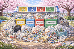 ゴミの山,ごみ,ゴミ,分別,リサイクル,缶,空き缶,ビン,びん,瓶,空き瓶,ペットボトル,燃えるゴミ,燃えないゴミ,捨て,ゴミ箱,ごみ箱,ルール,マナー,花見,お花見,会場,公園,満開,宴会,桜,さくら,サクラ,ブロッサム,春,花,花びら,花弁,イラスト,blossom,spring,flower