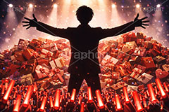 推しへのチョコレート,バレンタインデー,バレンタイン,チョコレート,プレゼント,贈り物,山積み,たくさん,サイリウム,ペンライト,アイドル,イケメン,ライブステージ,ステージ,推し,推し活,舞台,ライブ,ライヴ,コンサート,シアター,ホール,背景,照明,音楽,主役,人物,男性,男,ミュージック,ライト,スポットライト,イラスト,illustration,light,frame,hall,theater,live,stage,music,chocolate,valentine,present,AI生成素材