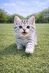 散歩,走る,芝生,公園,アメリカンショートヘアの子猫,ねこ,ネコ,猫,子猫,にゃー,ニャー,キャット,アメリカンショートヘア,アメショ,はしゃぐ,かわいい,カワイイ,可愛い,キュート,ペット,飼い主,動物,cute,pet,cat,AI生成素材